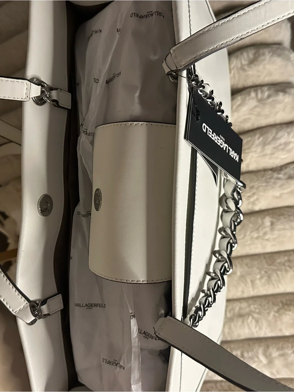 Karl Lagerfeld White Embossed Logo Tote with Silver Chain. NWT